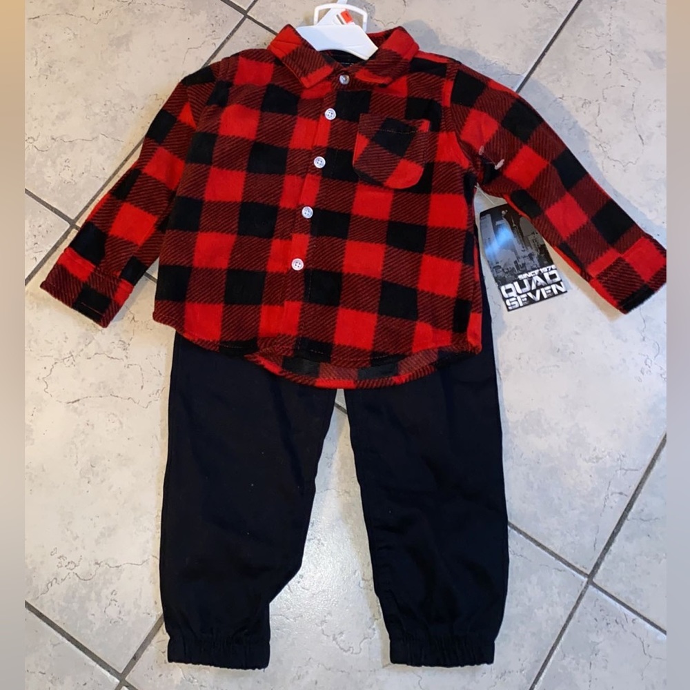 Quad Seven Boys' 2-Piece Plaid Joggers Set Outfit - Red, 3t